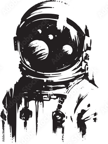 Monochrome exploration an astronaut helmet reflects distant planets artwork