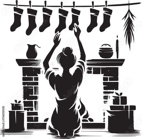 Contemplative sumi-e illustration of a woman hanging Christmas stockings