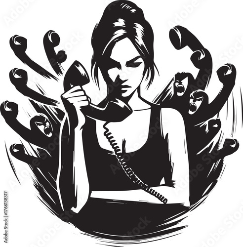 Intense phone call a woman facing aggression with calm, in brush stroke style