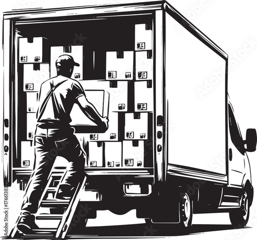 Monochrome illustration of a man loading a delivery van with packages