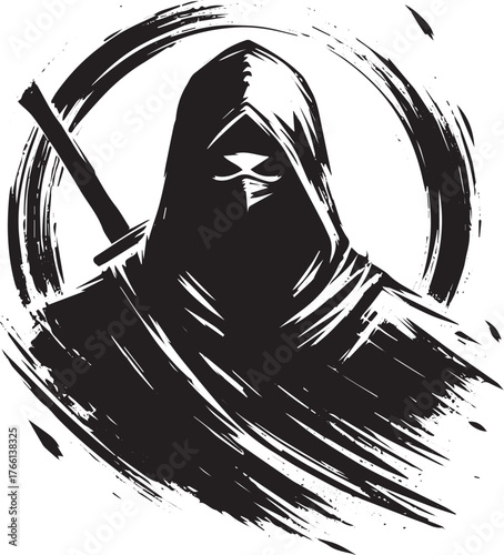 Mysterious Warrior in Shadowy Robe with Sword Minimalist Brushwork