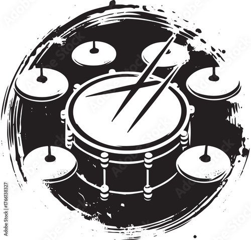 Monochrome musical set: Drum kit illustration with expressive brush strokes