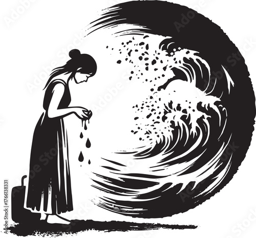 Distressed woman releasing impurities into pristine water stream depiction