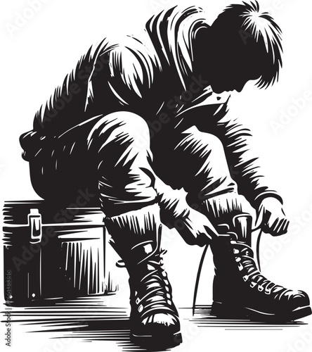 Monochromatic illustration of a man meticulously lacing up a sturdy boot