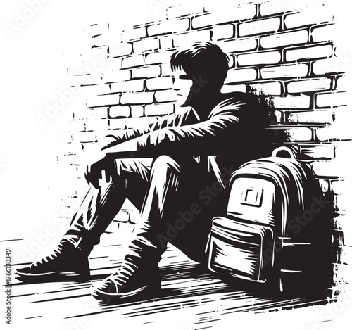 Contemplative figure slumped against a weathered brick wall with backpack