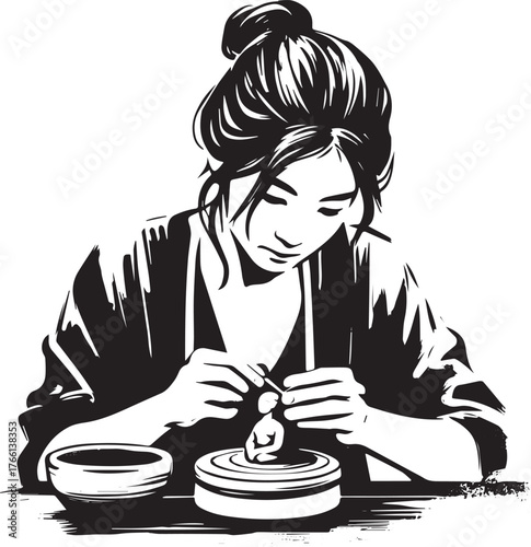 Focused artisan woman creating intricate miniature sculpture with care in black and white illustration
