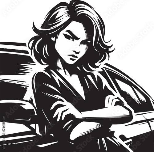 Stylized Monochrome Illustration of a Confident Woman Leaning on Car