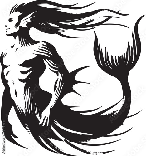 Monochrome Depiction of Male Triton: Stylized Aquatic Humanoid Figure