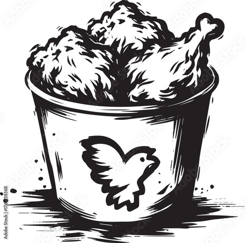 Minimalist sumi-e depiction of fried chicken in bucket with bird logo