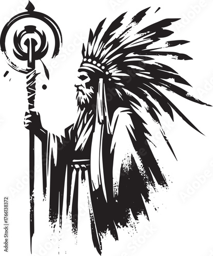 Monochrome depiction of indigenous leader with headdress holding a staff