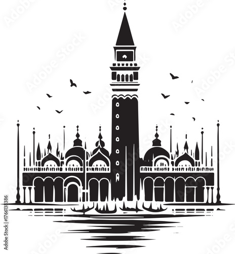St Mark's Square iconic landmark in monochrome sumi-e style, minimal logo