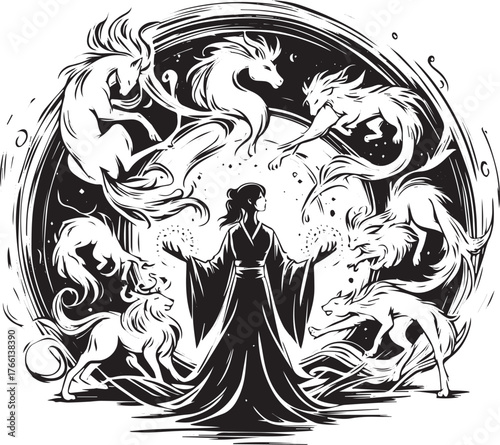 Mystical Summoner: A woman conjuring ethereal animals with enchanting energy