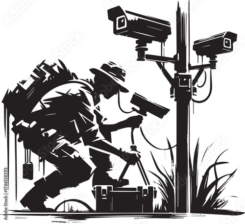 Monochrome ecological monitoring: A researcher installs wildlife cameras in remote area