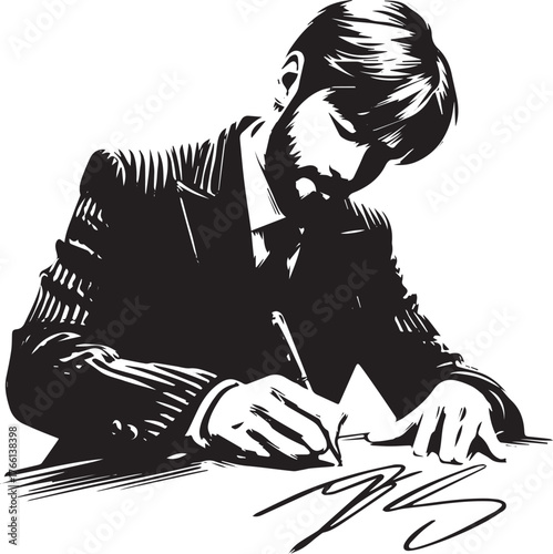 Monochrome illustration of a man in suit signing document with a pen
