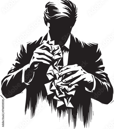 Monochrome illustration of a man crumpling flyers in expressive sumi-e style