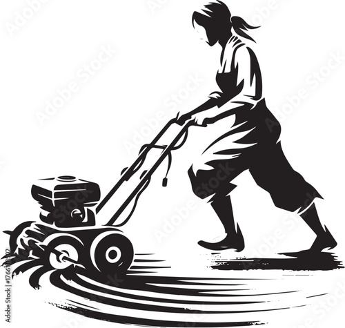 Monochrome depiction of a woman using a rototiller in an agricultural setting