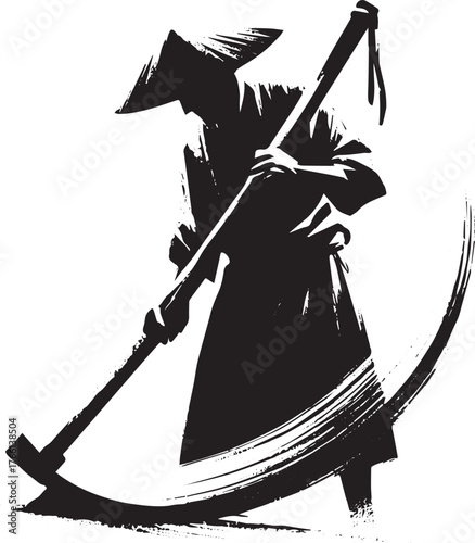 Sumi-e illustration of a man sharpening scythe in a minimalist style