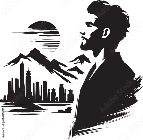 Monochrome silhouette of a man observing cityscape in brushstroke style