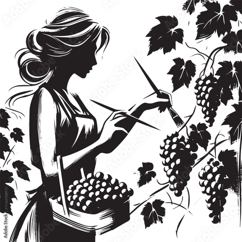 Elegant sumi-e art: Woman tending to grapevines in black and white illustration