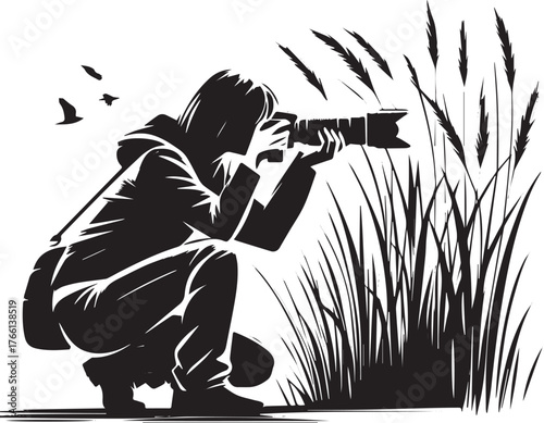 Wildlife photographer in tall grass capturing nature in black and white drawing