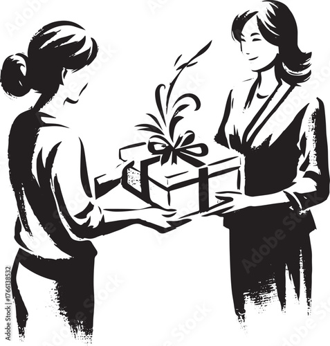 Cordial farewell a monochrome illustration of retirement gift exchange ceremony
