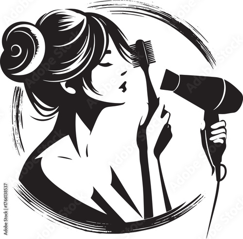 Minimalist sumi-e illustration: Woman styling bangs with brush and hair dryer