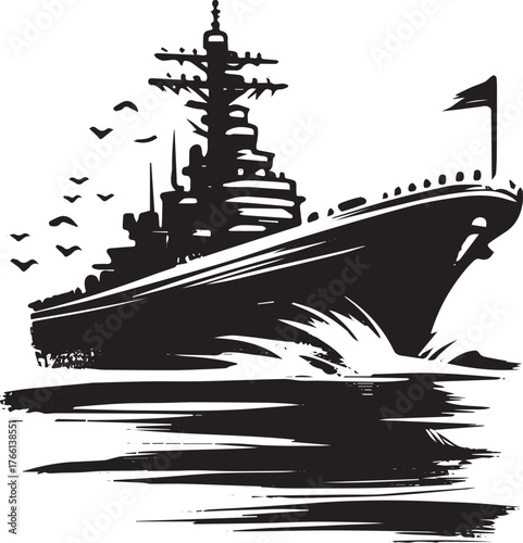 Stylized naval battleship icon illustration with minimalist sumi-e influence
