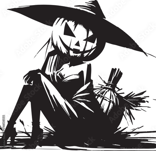 Elegantly eerie jack-o'-lantern maiden, sinister charm in monochrome minimalism
