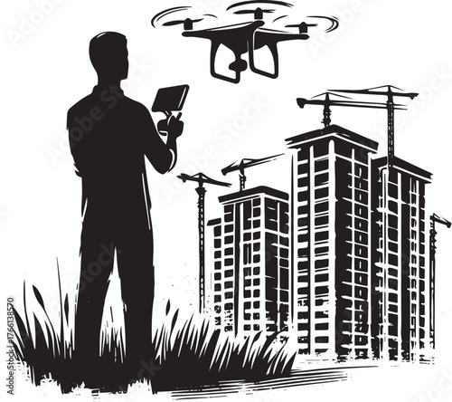 Monochrome illustration of a man overseeing construction with a drone's eye view