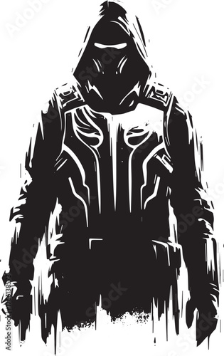 Abstract vector illustration featuring a hooded figure in dynamic black and white