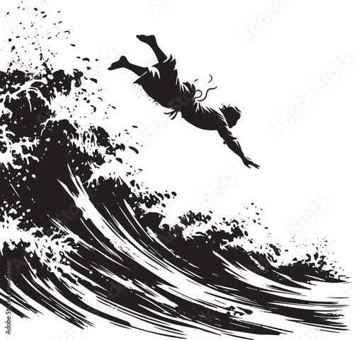 Desperate plunge in rough waters: Sumi-e illustration of survival instinct