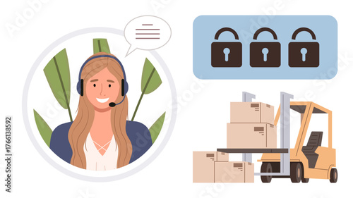 Customer support agent with headset interacting, forklift moving stacked boxes, padlock icons representing security. Ideal for logistics, security, delivery, support, communication, e-commerce
