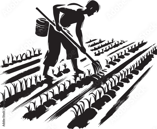 Minimalist monochrome illustration of a man cultivating crops using a rake
