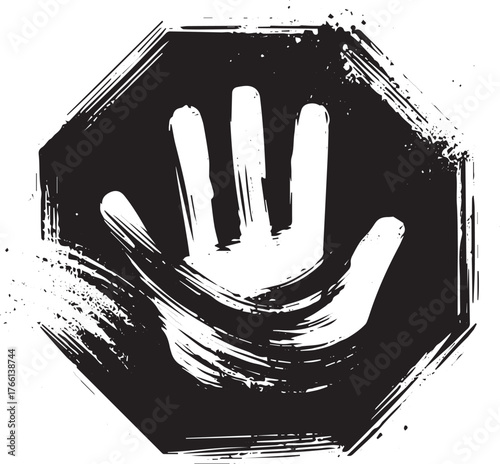 Hand brush stroke stop symbol within an octagonal shape illustration