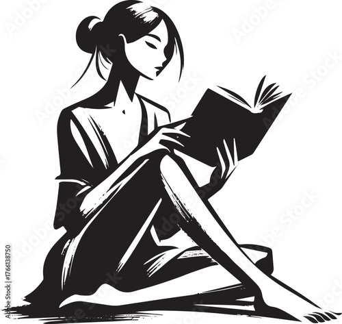 Ink drawing portraying a woman absorbed in reading a book, expressing introspection