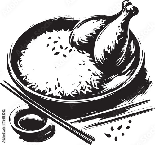 Elegant Sumi-e Illustration of Singaporean Hainanese Chicken Rice Bowl