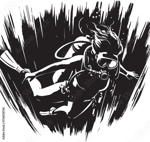 Monochromatic freediver illustration in cave exploration with ink strokes