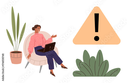 Woman seated with laptop gesturing near a triangular warning symbol and houseplants. Ideal for communication, work-from-home concepts, caution, awareness, remote work, problem-solving, simple flat