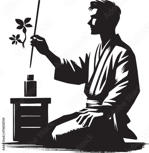 Minimalistic sumi-e illustration of a man and fragrance ritual concept