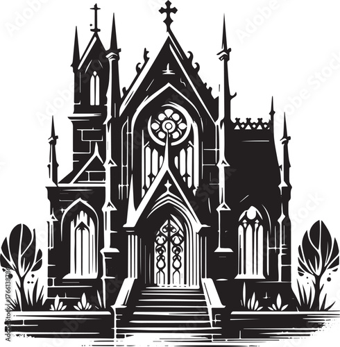 Detailed gothic architecture illustration in a minimalist sumi-e style