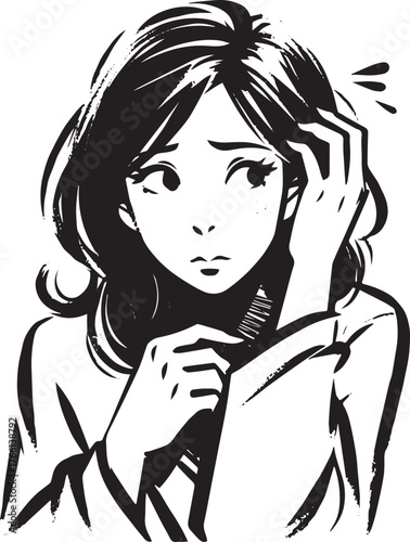 Black and white sumi-e illustration of a woman expressing nervousness