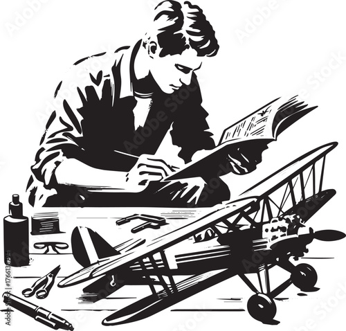 A man building a model airplane while reading instructions in Sumi-e style