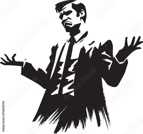 Dramatic shrugging man with expressive disbelief gesture in ink wash painting