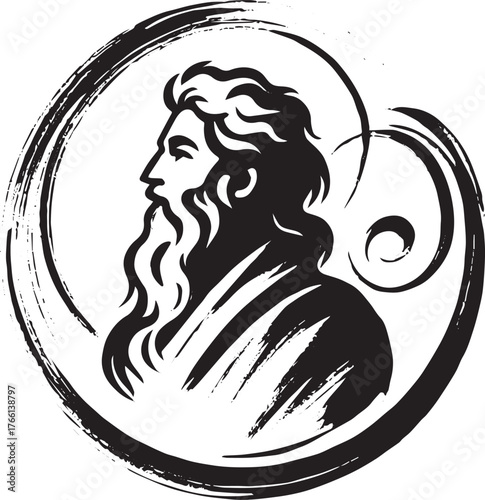 Monochrome deity face, sumi-e art, simplistic spiritual being emblem