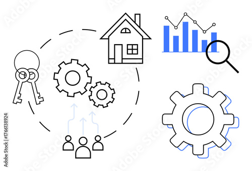 House, keys, gears, magnifying glass, bar graph, and team figures outline property management, teamwork, data analysis market research. Ideal for real estate strategy business collaboration