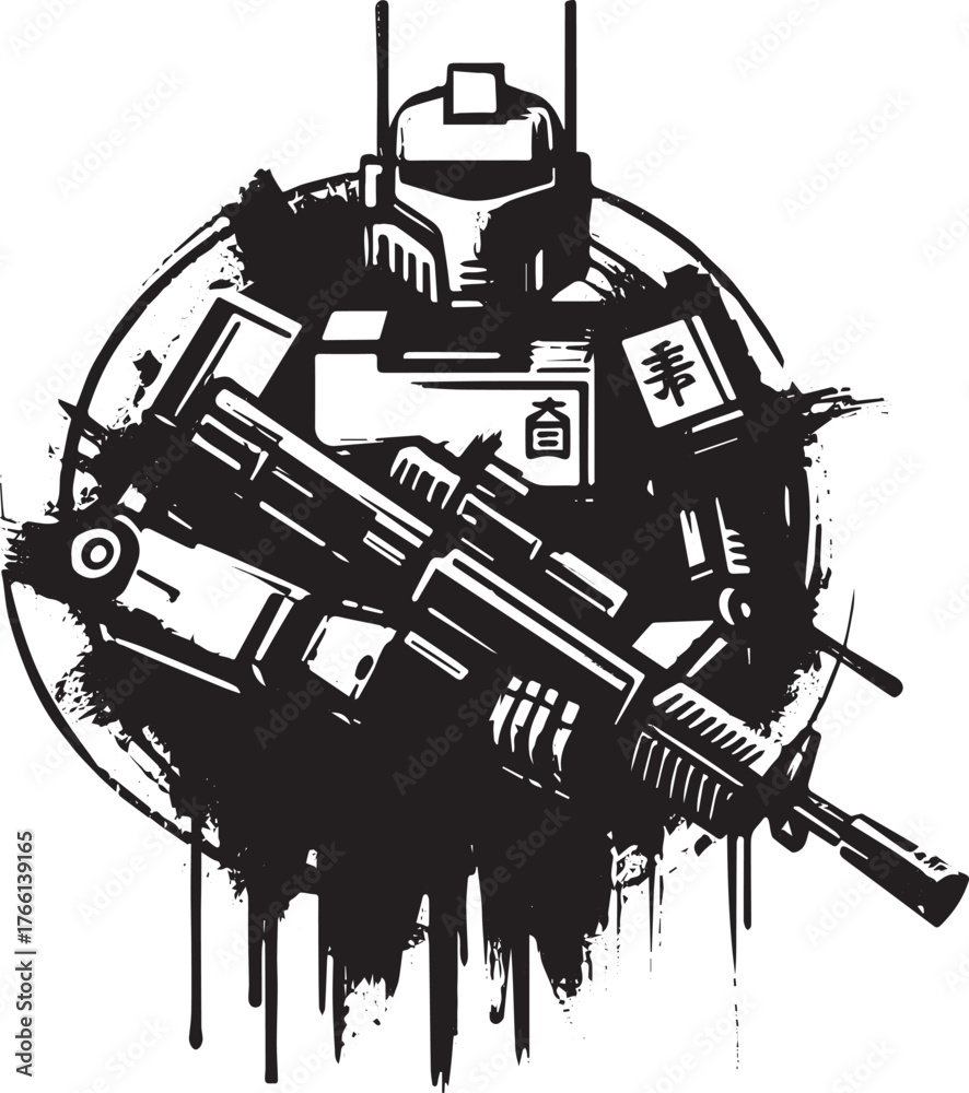 Obraz premium Futuristic mechanical warrior, abstract battle robot, black and white ink illustration