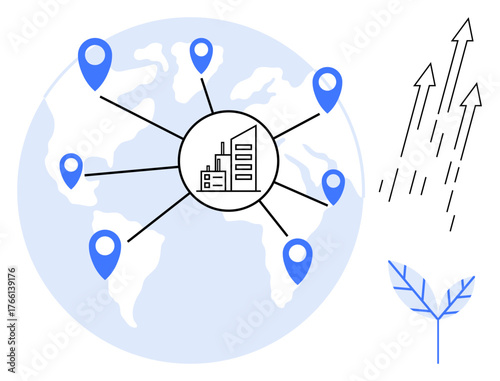 Central hub connecting global locations on a world map with growth arrows and a sustainability icon. Ideal for globalization, business growth, logistics, trade, expansion, sustainability, innovation