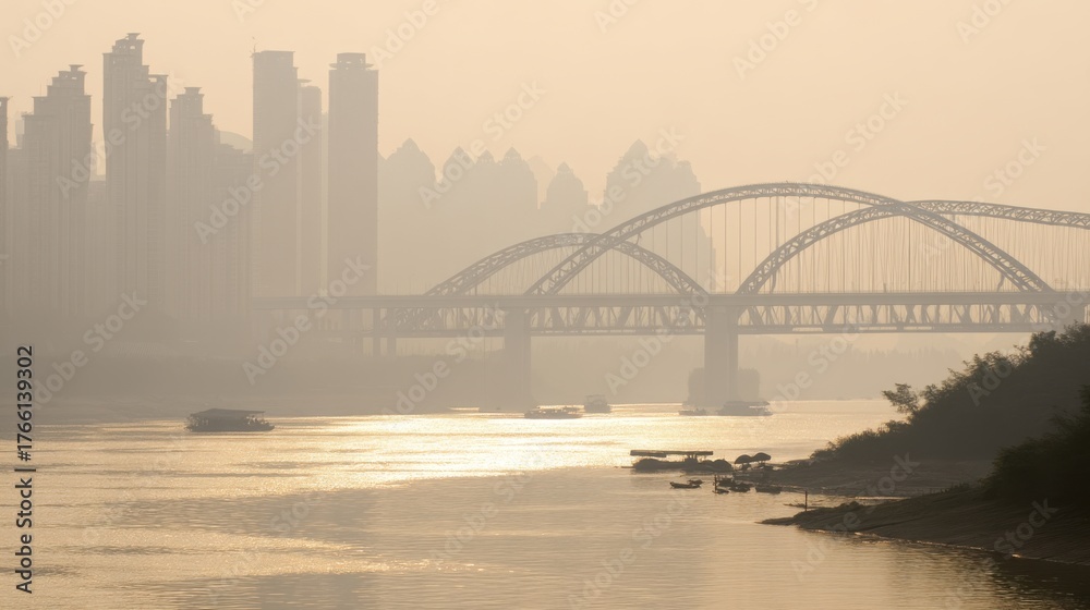 Naklejka premium Misty river reflection urban landscape photography dawn serene viewpoint urban tranquility