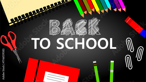 A vibrant 'Back to School' graphic surrounded by essential classroom supplies and stationery.