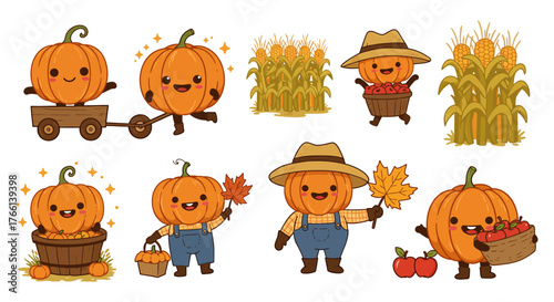 cute pumpkins celebrating autumn harvest with apples and corn illustrating fall season joy and thanksgiving themes for greeting cards